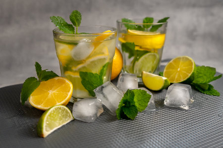 Two glasses of lemonade drink with mint and lemon on a gray textured background with scattered ice, mint and citrus fruits. Food photo of summer citrus lemonade.の写真素材