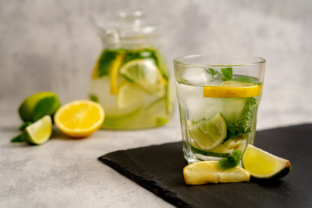 Healthy iced tea with lemon and mint with citrus slices on a slate board on a blurred gray background with fruits. Refreshing cold summer lemonade.の写真素材