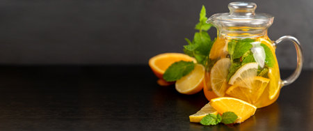 Banner with space for text with a glass jug of orange and mint lemonade on a dark blurred background. Summer drinks concept for restaurants or cafes.の写真素材