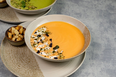 Bowl of pumpkin soup garnished with cream, pumpkin seeds and microgreens, with croutons next to it on a gray background, top view. Vegan or vegetarian food. Healthy dinner or lunch. Cooking.の写真素材