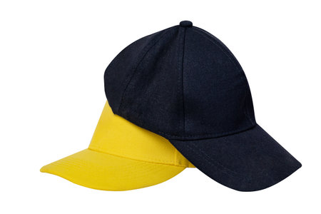 Blue and yellow cap front view isolated on white background. Two caps on top of each other, mockup for logo placement.の写真素材