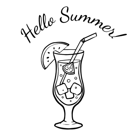 Hello summer. Inspirational quote. Modern calligraphy phrase with hand drawn cocktail. Simple vector lettering for print and poster. Typographic design.のイラスト素材