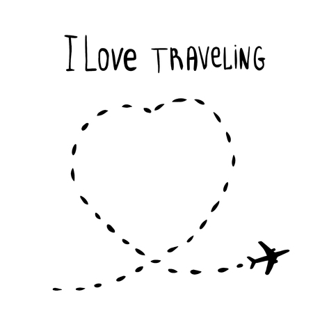 Airplane line path vector icon with an inscription i love traveling!のイラスト素材