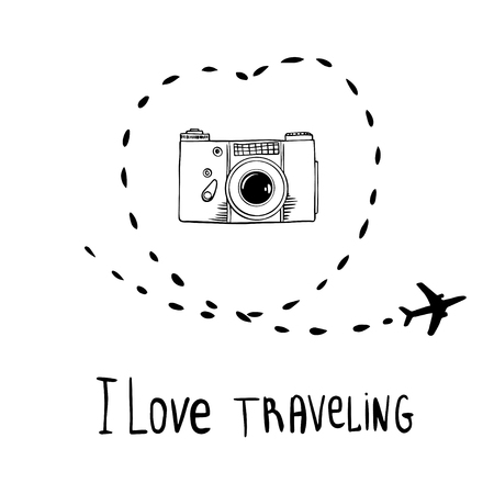 Airplane line path vector icon with camera with an inscription i love traveling!のイラスト素材
