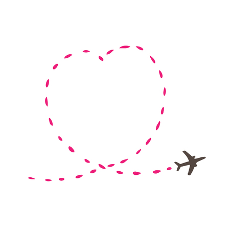 Airplane travel concept. Plane with start point and route dash line on white background. Vector silhouette illustrationのイラスト素材