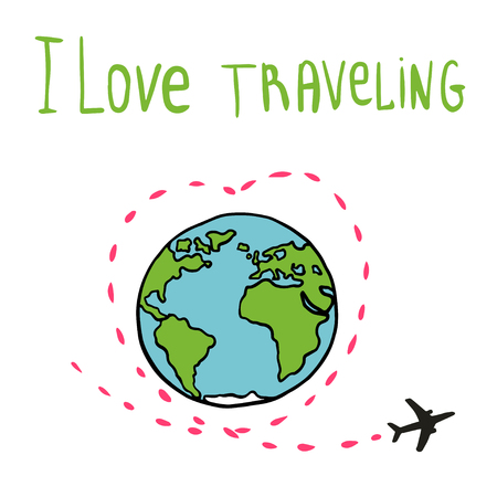 Silhouette airplane. Roundabout Circulation. Flight around the world. Earth. Airplane and globe. Color vector illustrationのイラスト素材