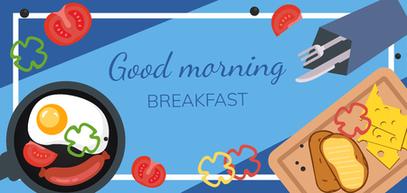Breakfast poster. Fried eggs with sausage on a blue background. Vector Illustrationの写真素材