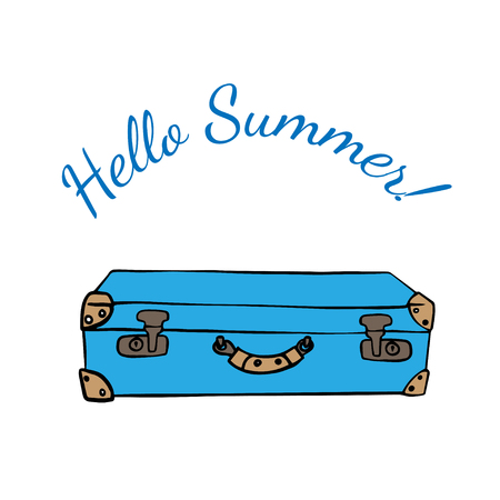 Hello summer inscription in blue travel suitcase. Doodle illustration.の写真素材