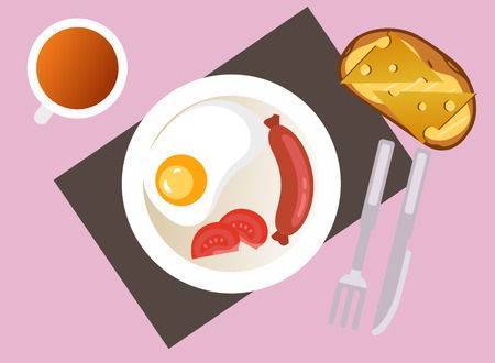 breakfast with fried egg, sausage, toast and a cup of coffee. Vector Illustrationのイラスト素材