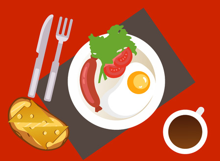 breakfast with fried egg, sausage, toast and a cup of coffee. Vector Illustrationの写真素材