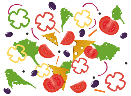 Tomato, cheese, olives, paprika, salad on white background. Vector Illustrationの写真素材