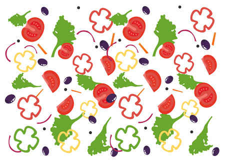 Tomato, cheese, olives, paprika, salad on white background. Vector Illustrationのイラスト素材