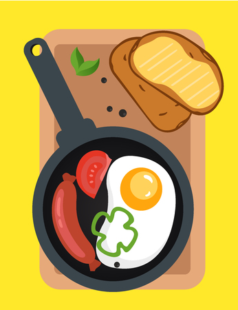 Fried eggs with sausage on the pan, sandwich with butter, illustration for your design. Cover for the menu.のイラスト素材