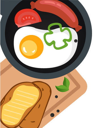 Fried eggs with sausage on the pan, sandwich with butter, illustration for your design. Cover for the menu.の写真素材