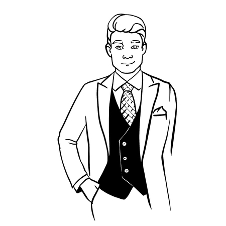 Vector illustration character portrait of senior businessman, manager, leader, boss, politician giving thumb up. Outline, linear, thin line art, hand drawn sketch design.のイラスト素材