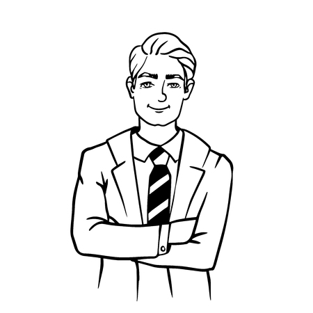 Vector illustration character portrait of senior businessman, manager, leader, boss, politician giving thumb up. Outline, linear, thin line art, hand drawn sketch design.のイラスト素材