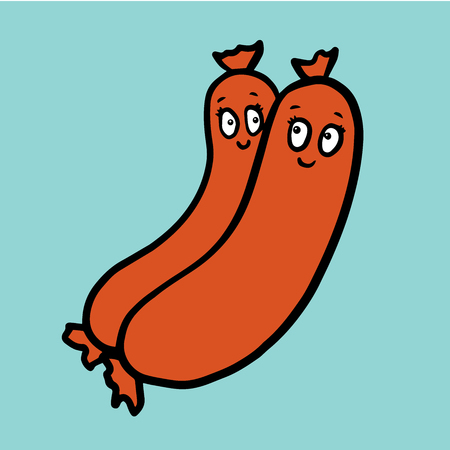 Cute and satisfied sausages on blue backgroundのイラスト素材