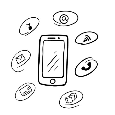 doodle smart phone with icons in bubble speechのイラスト素材