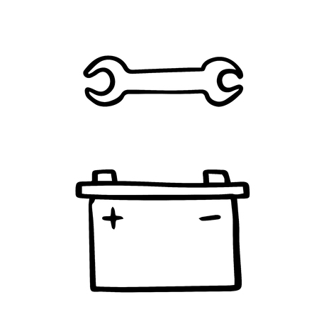 Doodle sketch battery for car and wrench on white backgroundのイラスト素材