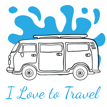 Doodle sketch car, van for travel, cartoon drawing on a white background.のイラスト素材