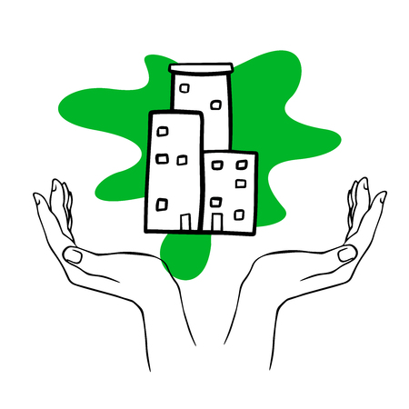 doodle sketch hands hold house on white backgroundの写真素材