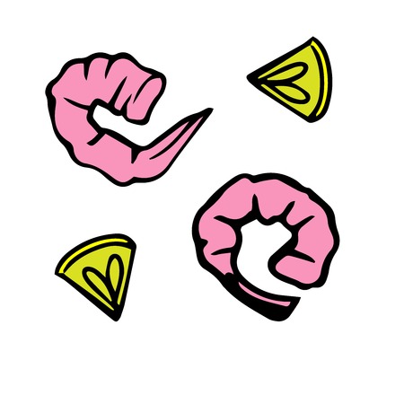 doodle sketch of shrimp and lemon slices on a white background, cartoon drawing of ingredients on a white backgroundのイラスト素材
