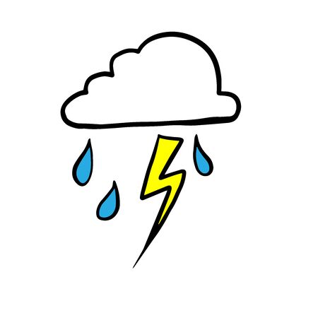 Doodle sketch cloud with lightning and rain, cartoon drawing of a thunderstorm on a white background.のイラスト素材