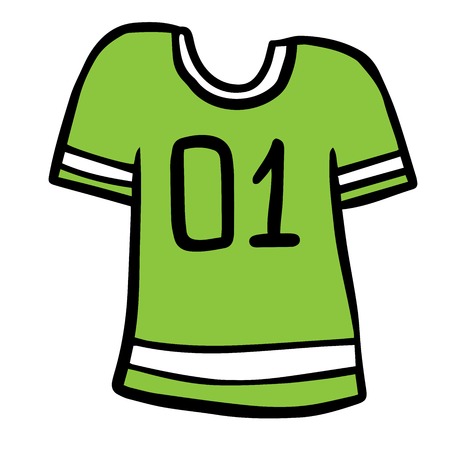 Colorful cartoon soccer uniform t-shirt. Colorful cartoon soccer uniform t-shirt text number one. Sport theme vector illustration for icon, sticker sign, patchのイラスト素材