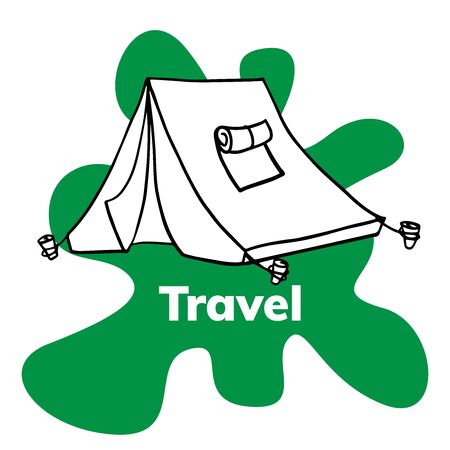 doodle sketch camping, rest with a tent in the forest, cartoon illustration on a white background.のイラスト素材