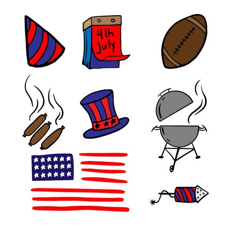 Set Doodle Sketch America Independence Day, cartoon drawings for July 4th on a white backgroundのイラスト素材