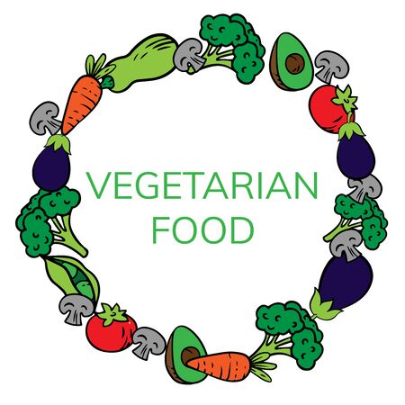 doodle sketch circle of vegetables, vegetarian food on white backgroundのイラスト素材