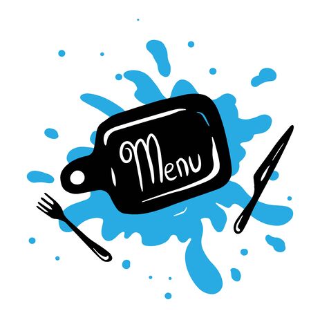 Doodle sketch cutting board with cutlery  for menu, restaurantのイラスト素材