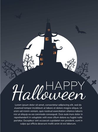 Halloween night background with haunted house and full moon. Flyer or invitation template for Halloween party. Vector illustration.のイラスト素材
