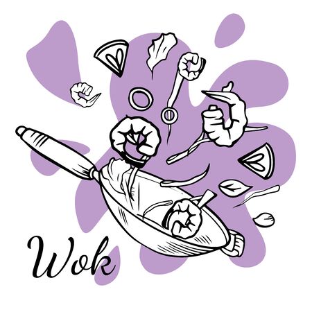 illustration of a Chinese wok pan with flying ingredients. Asian fast street food, rice noodles and vegetables. Vintage hand drawn style.のイラスト素材