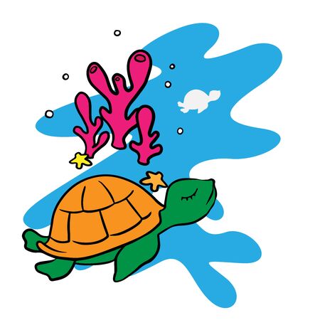 Cartoon drawing of a turtle on a white background, corals and starfishのイラスト素材