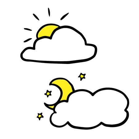 Doodle sketch cloud with sun and cloud with month, cartoon drawing day and night, weather on white backgroundのイラスト素材