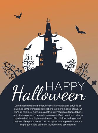 Halloween night background with haunted house and full moon. Flyer or invitation template for Halloween party. Vector illustration.のイラスト素材