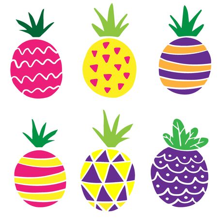 Flat pineapples, bright cartoon drawings on a white backgroundのイラスト素材