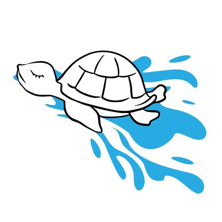 Doodle sketch turtle in the sea, cartoon drawing on a blue background.のイラスト素材