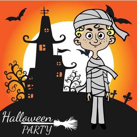 doodle sketch of a child in a mummy costume, illustration on a background of a castle with ghosts. Halloween Costume Party Posterのイラスト素材