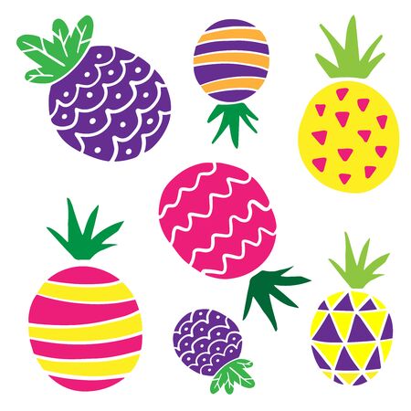 Flat pineapples, bright cartoon drawingsのイラスト素材