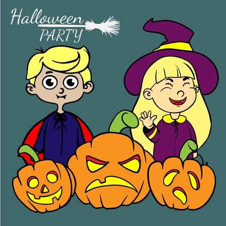 Doodle sketch of children in vampire and witch costumes. Illustration with pumpkins. Halloween party poster.のイラスト素材