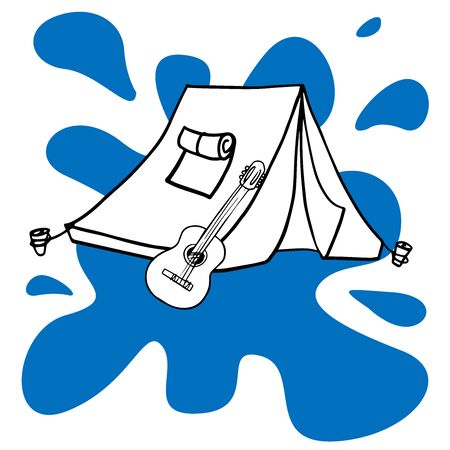 doodle sketch of a tent with a guitar, cartoon illustrationのイラスト素材