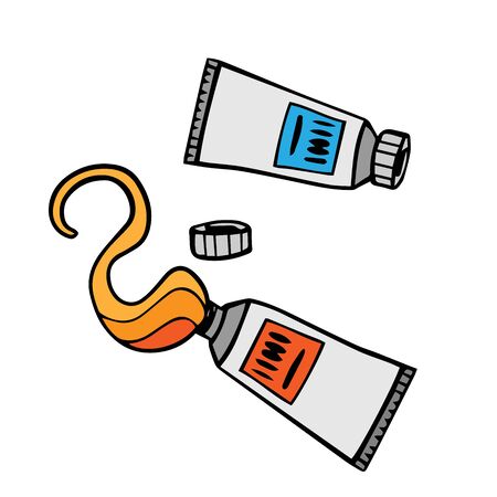Tubes of paint. Doodle illustration of a tubes of paint, glue. Hand drawn tubes with paint, liquid.のイラスト素材