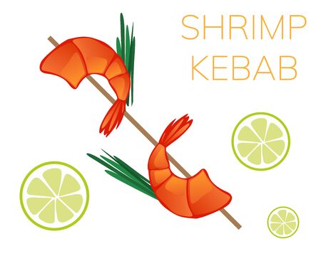 Shrimp kebab on wooden stick isolated on white background. vector illustration.のイラスト素材