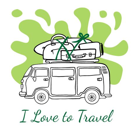 Doodle sketch car, van for travel, cartoon drawing on a white background.のイラスト素材