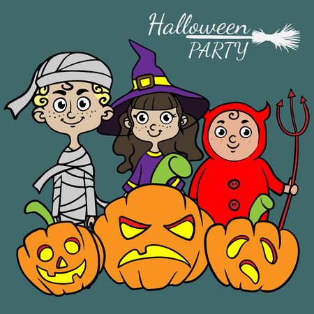 Halloween Kids Costume Party. Group of kids in Halloween costume with pumpkins. Blue background.のイラスト素材