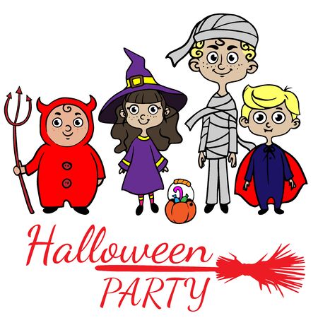 Halloween Kids Costume Party. Group of kids in Halloween costume with pumpkins. Blue background.のイラスト素材