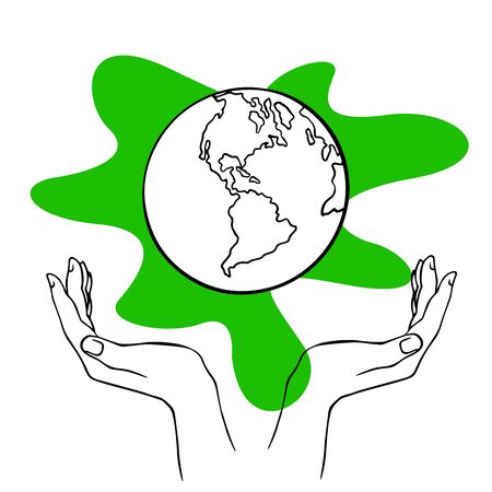 doodle sketch hands hold globe, save planet, illustration isolated on white backgroundのイラスト素材