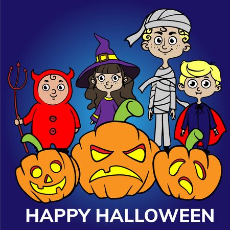 Halloween Kids Costume Party. Group of kids in Halloween costume with pumpkins. Blue background.のイラスト素材